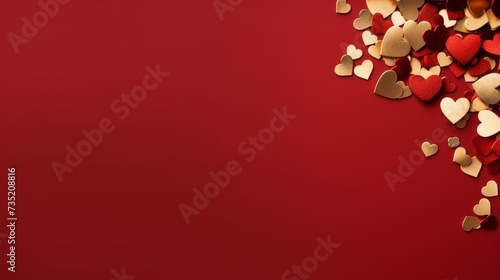 Golden heart-shaped confetti scattered on the left side of a minimalistic red background, providing ample space for text. © ArtCookStudio