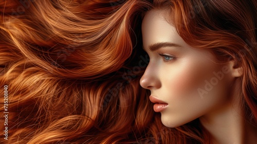 Bright red wavy hair of a young woman in a close-up portrait