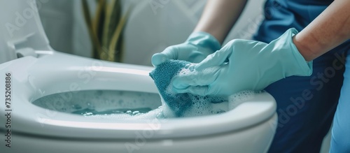 Person wearing a blue glove cleaning a toilet bowl with disinfectant and sponge at home photo