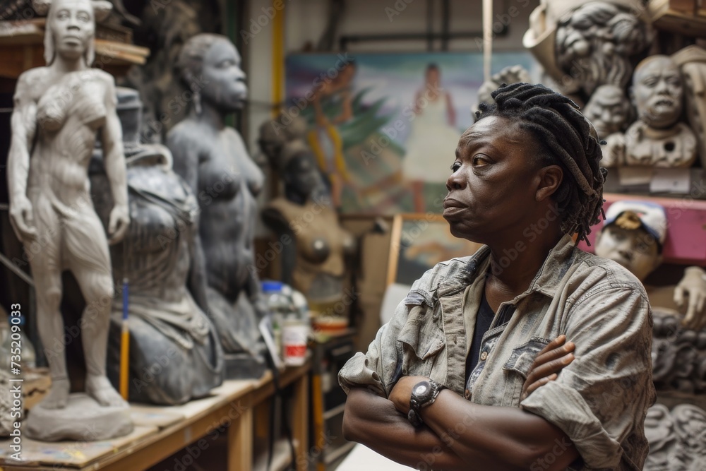 A woman delicately crafts the human form in a workshop filled with statues, her skilled hands bringing life to the still figures as she creates art within the walls of the museum