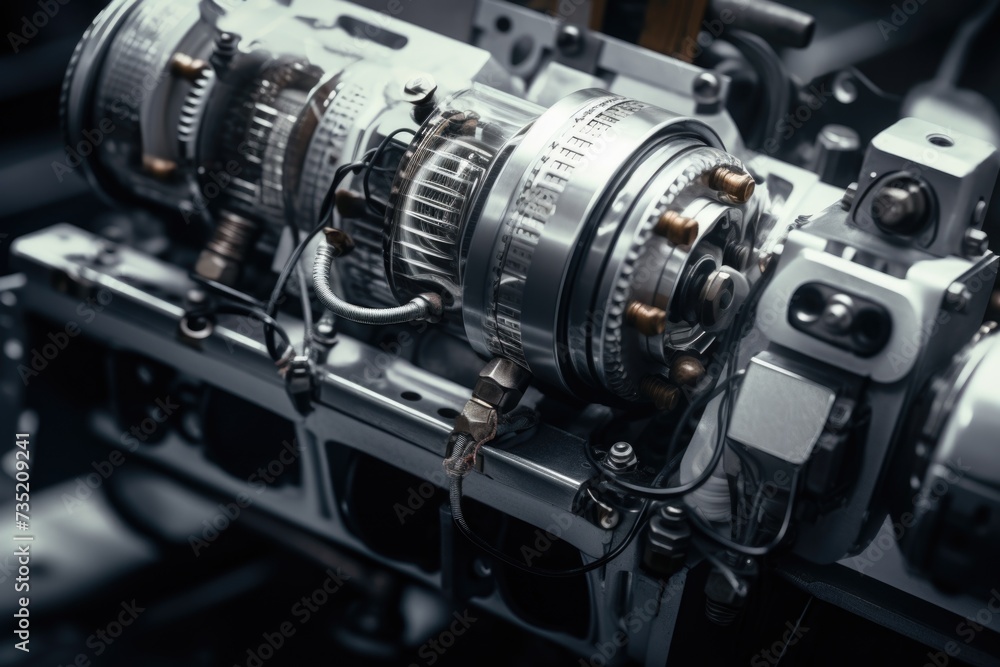 A detailed close-up of a machine showcasing its intricate metal parts. Suitable for industrial and mechanical concepts A detailed close-up of a machine showcasing its intricate metal parts. Suitable for industrial and mechanical concepts
