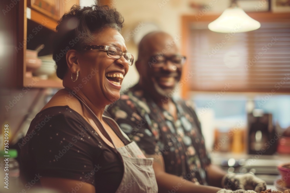 A couple share a moment of joy, their faces radiating with laughter as they stand in their cozy kitchen, surrounded by warm walls and the woman's stylish glasses A couple share a moment of joy, their faces radiating with laughter as they stand in their cozy kitchen, surrounded by warm walls and the woman's stylish glasses