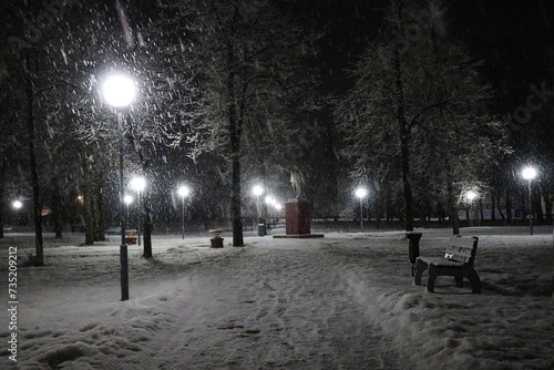 Alley of the old park on a winter evening during snowfall