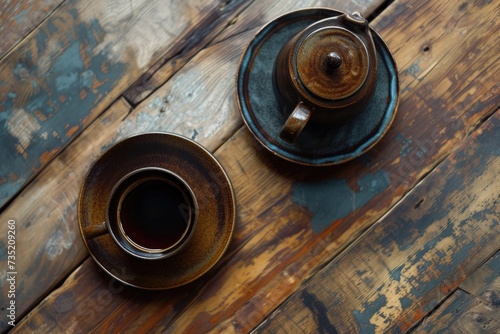 Two cups of coffee placed on a wooden table. Perfect for illustrating a cozy coffee break or a morning routine. Ideal for use in coffee shop promotions or lifestyle articles.