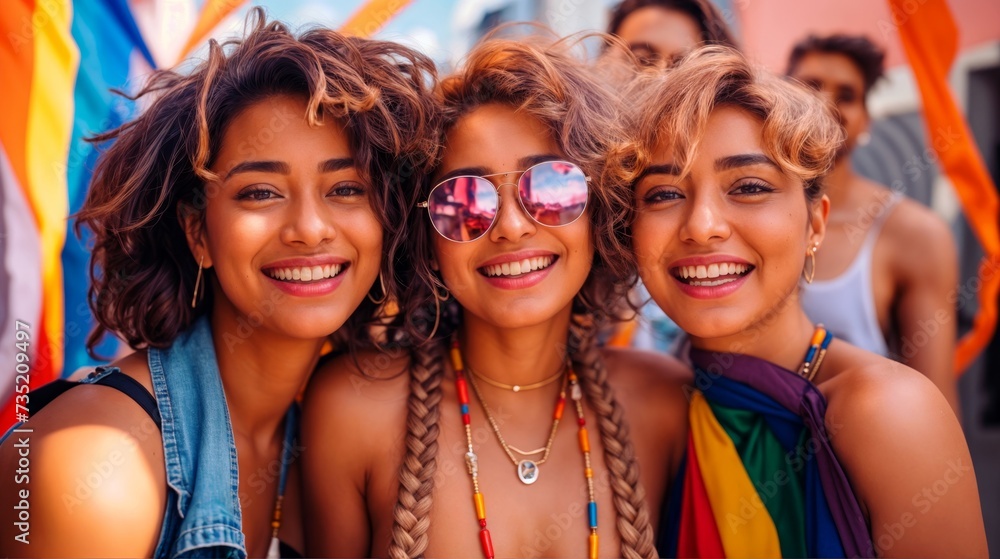 Diverse young group of friends with rainbow flags and banners during Gay Pride event, celebrating gay pride festival - LGBTQ community concept. Diverse young group of friends with rainbow flags and banners during Gay Pride event, celebrating gay pride festival - LGBTQ community concept.