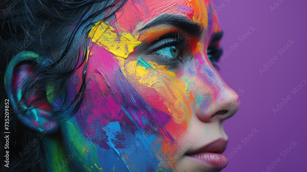 Woman in Colorful Paint on Purple Background