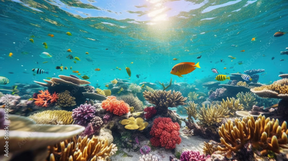 Marine life, Vibrant underwater scene with a school of tropical fish swimming among colorful coral under the dappled sunlight of the ocean surface.