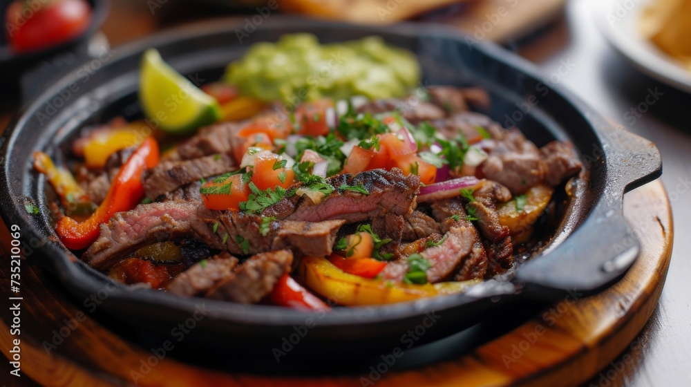 A mouthwatering dish of fajitas served piping hot with a side of fresh guacamole and salsa. The sizzle of the meat seared to perfection is a feast for all the senses.