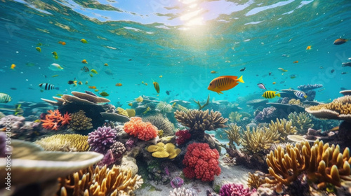 Marine life, Vibrant underwater scene with a school of tropical fish swimming among colorful coral under the dappled sunlight of the ocean surface. © tong2530