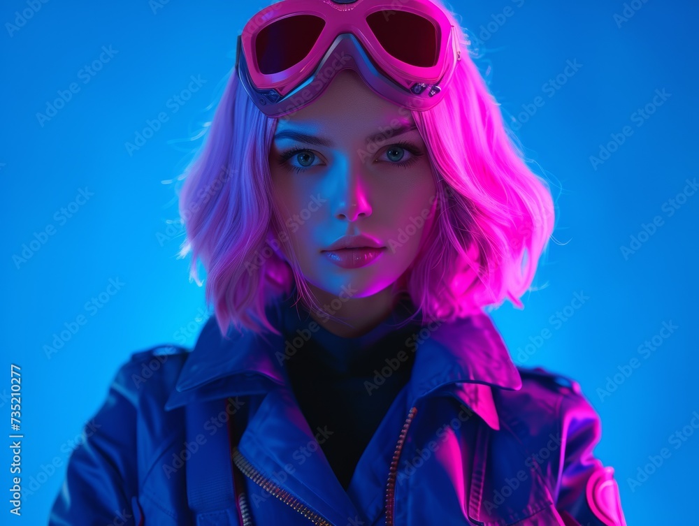 Sci-fi Woman in Pink Wig on Blue Background Sci-fi Woman in Pink Wig on Blue Background
