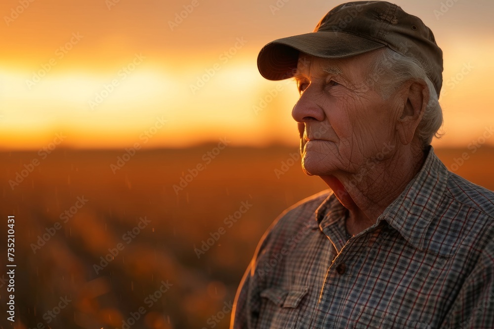 A wise man, with a weathered face and glasses, stands tall in a field, wearing a fashionable sun hat, as the sunset paints the sky in hues of orange and pink A wise man, with a weathered face and glasses, stands tall in a field, wearing a fashionable sun hat, as the sunset paints the sky in hues of orange and pink