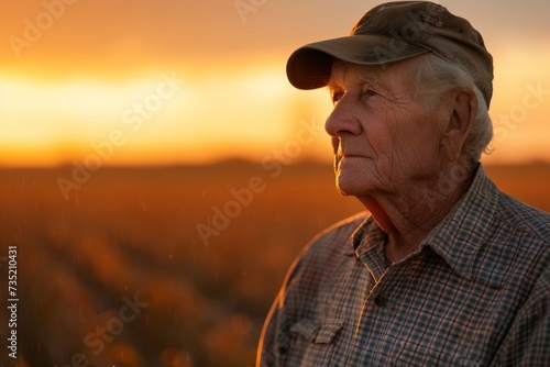A wise man, with a weathered face and glasses, stands tall in a field, wearing a fashionable sun hat, as the sunset paints the sky in hues of orange and pink