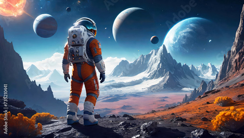 An astronaut wearing space suit standing on other planet.Space adventure, futuristic,galaxy exploration mission in outer space,sci-fi concept.Generative AI photo