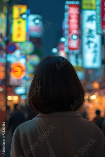 Elegant woman with a chic short hairstyle in the lights of the night city