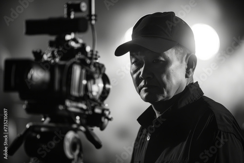 A stylish man in a fedora gazes confidently at the camera, his face illuminated by the soft light of the film camera in his hand