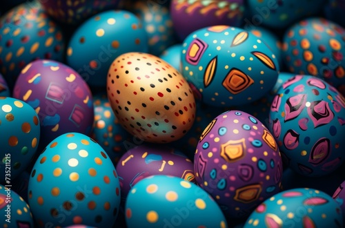 many colorful decorated easter eggs are sitting on a blue surface