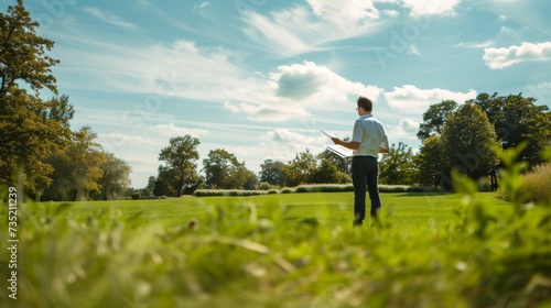 A solitary figure immerses himself in the peacefulness of nature, book in hand, surrounded by a vast expanse of green grass and towering trees under a serene summer sky