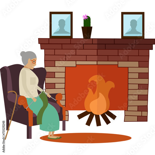 Old woman knitting sitting at fireplace at home vector icon isolated on white