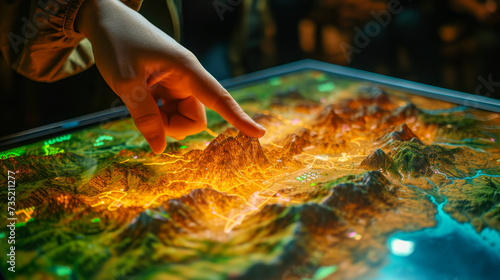 A user's hand points at a mountain peak on a large tablet's 3D digital landscape, showcasing the interactive and educational capabilities of the device.