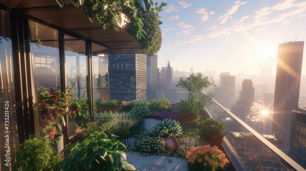 View of Generative AI, Rooftop garden in a high-rise building, Urban Farming ...