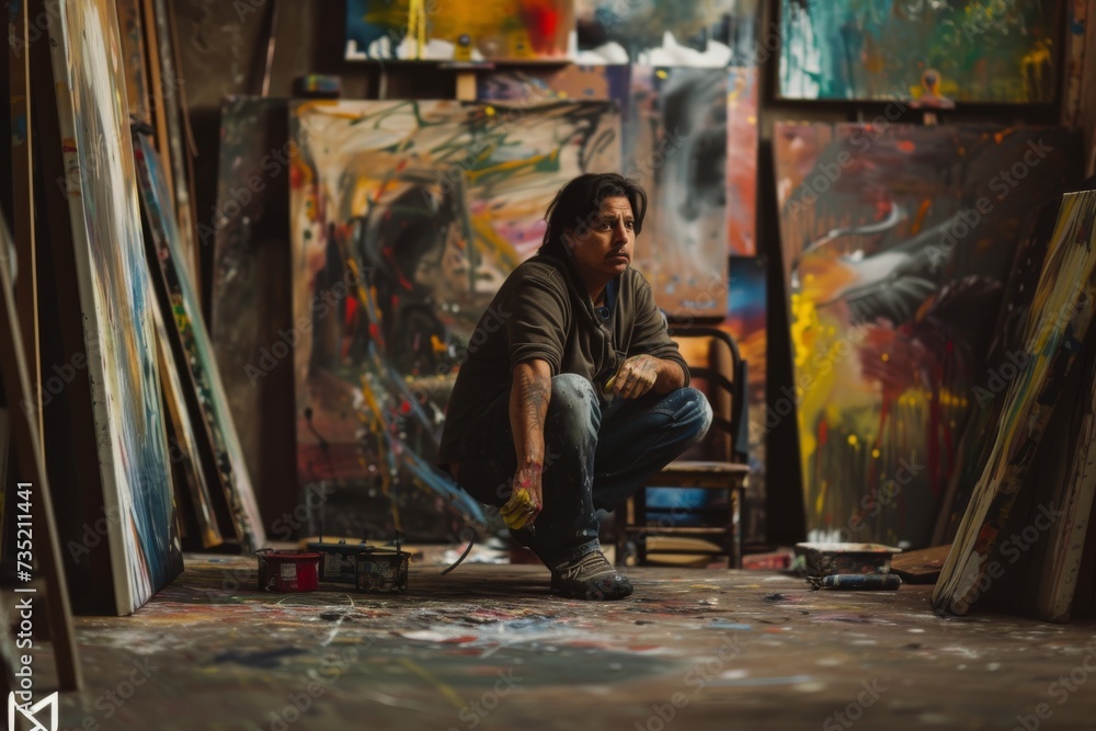 A man adorned in casual clothing intently studies a painting in an indoor setting, immersed in the vibrant colors and intricate details of the street scene captured on the canvas