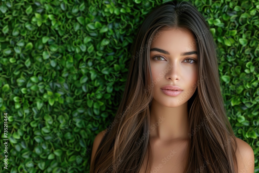 Woman with long wavy hair against a background of lush ivy Woman with long wavy hair against a background of lush ivy