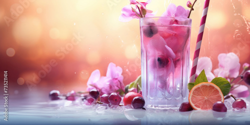 Glass of purple berry lemonade or cocktail with ice and pink flowers on a water reflective surface. Alcoholic and non-alcoholic drinks spring banner layout. photo