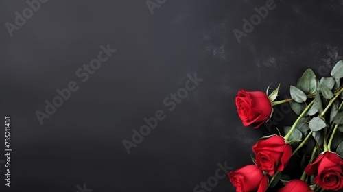 Minimalistic black background on which lies a bouquet of red roses with large copyspace area