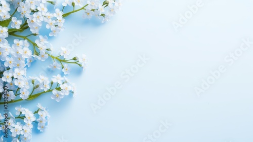 Minimalistic light blue background, on the left there is a bouquet of forget-me-nots with large copyspace area