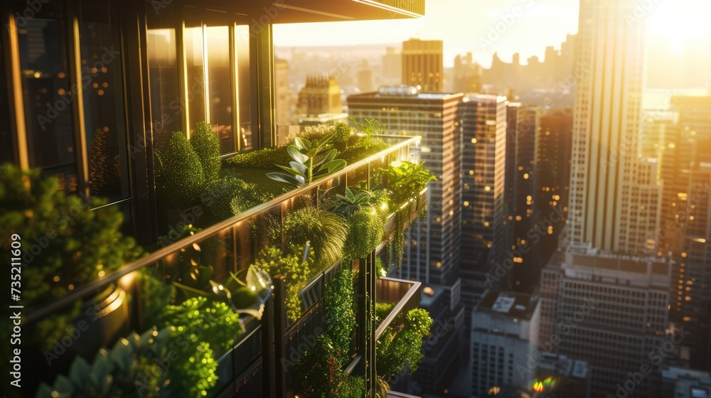 Naklejka premium Generative AI, Rooftop garden in a high-rise building, Urban Farming, Green Spaces, Sustainable Living, Eco-Friendly, Skyline