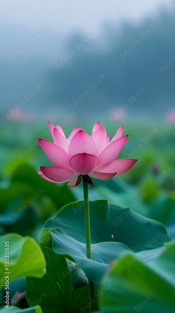 Obraz premium Pink lotus flower blooms gracefully against a backdrop of green foliage and a misty blue environment
