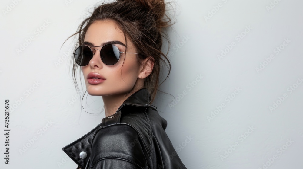 Woman in urban chic style with a high wisp and wearing a leather jacket Woman in urban chic style with a high wisp and wearing a leather jacket