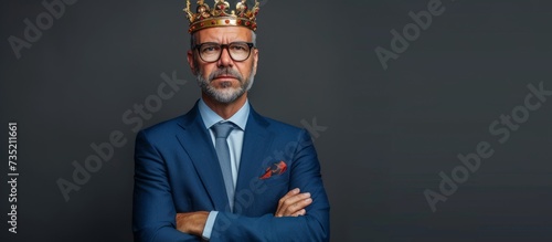 Confident man with stylish eyewear and golden crown posing for portrait in royal attire photo