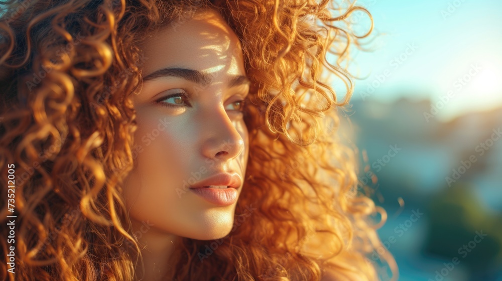 Beautiful woman with curly hair on the background of a cityscape