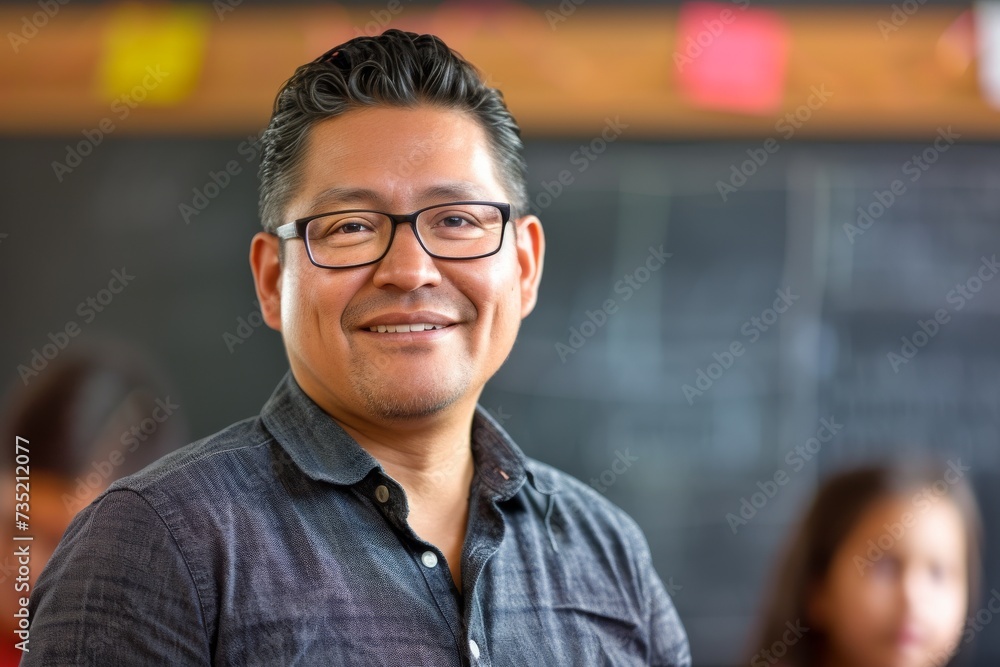 A cheerful man with stylish eyewear and a warm smile, his glasses accentuating his intelligent gaze, radiating confidence and contentment indoors A cheerful man with stylish eyewear and a warm smile, his glasses accentuating his intelligent gaze, radiating confidence and contentment indoors