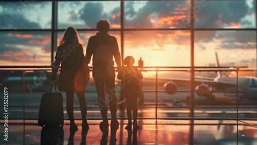 Airport Terminal: Silhouette of happy family wait for departure at airport lounge room together before vacation. Adventure concept. People look out of Window for Arriving Airplanes. Flight Boarding. photo