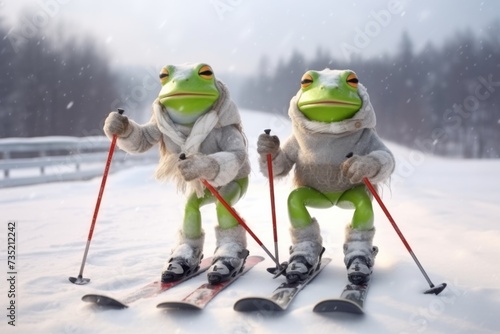 frog couple posing with ski equipment