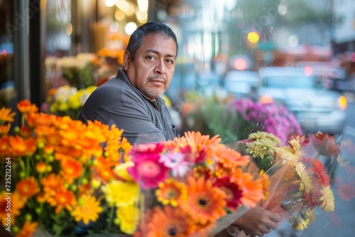 A man in street clothes stands behind a window adorned with a vibrant display of cut flowers, showcasing his passion for outdoor floristry and impeccable floral design skills