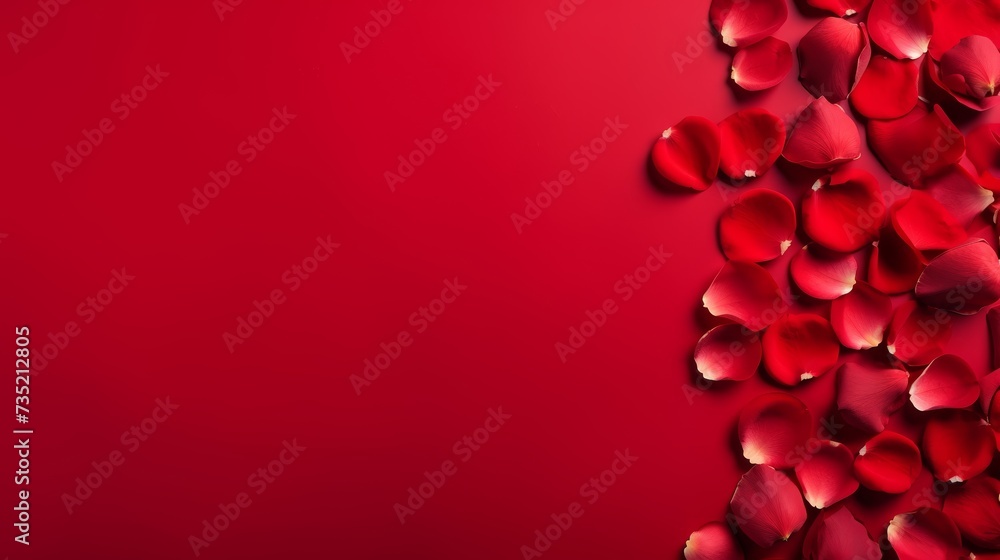 Red rose petals lie on the left on a bright red minimalistic background with large copyspace area Red rose petals lie on the left on a bright red minimalistic background with large copyspace area