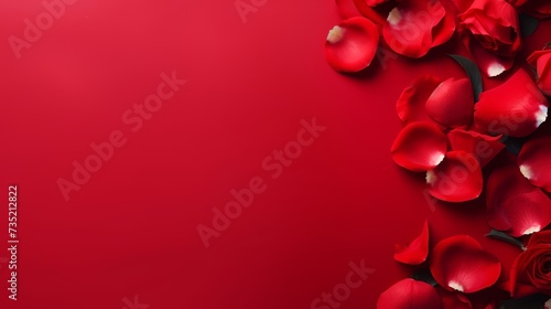 Red rose petals lie on the left on a bright red minimalistic background with large copyspace area © ArtCookStudio