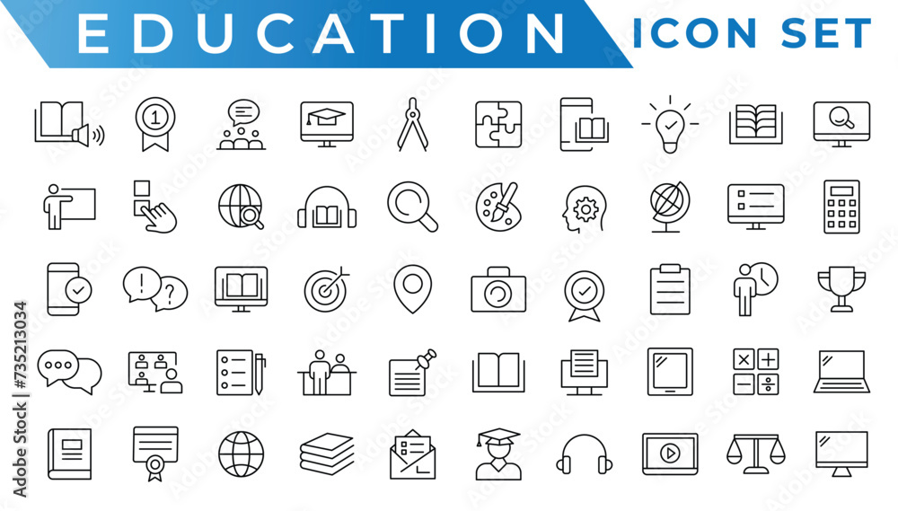 Education and Learning web icons in line style. School, university, textbook, learning. Vector illustration