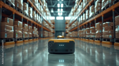 Robots are grabbing packages off the shelves at warehouse. Generative AI. © visoot