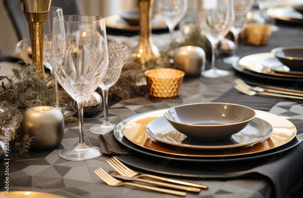 the table setting is set with gold, gray and place settings for a dinner