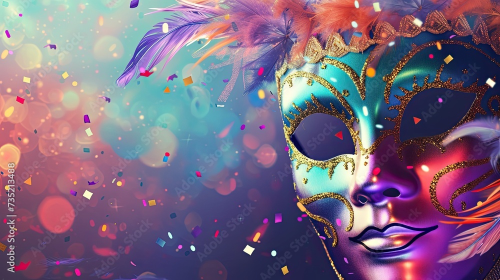 The image showcases a detailed and ornate carnival mask adorned with feathers and intricate gold and jewel embellishments. The mask appears to be painted with hues of blue and orange, adding a sense o The image showcases a detailed and ornate carnival mask adorned with feathers and intricate gold and jewel embellishments. The mask appears to be painted with hues of blue and orange, adding a sense o