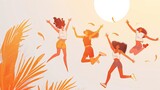 people doing jumping, in the style of charming character illustrations, light white and orange, low-angle, grain shadows, combining natural and man-made elements, framing, charming illustrations, scre