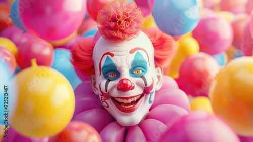 The image showcases a clown with exaggerated white facial makeup, a prominent red nose, bold blue eye designs, and a wide, toothy smile. The clown's hair is styled in a bright orange flair atop their 