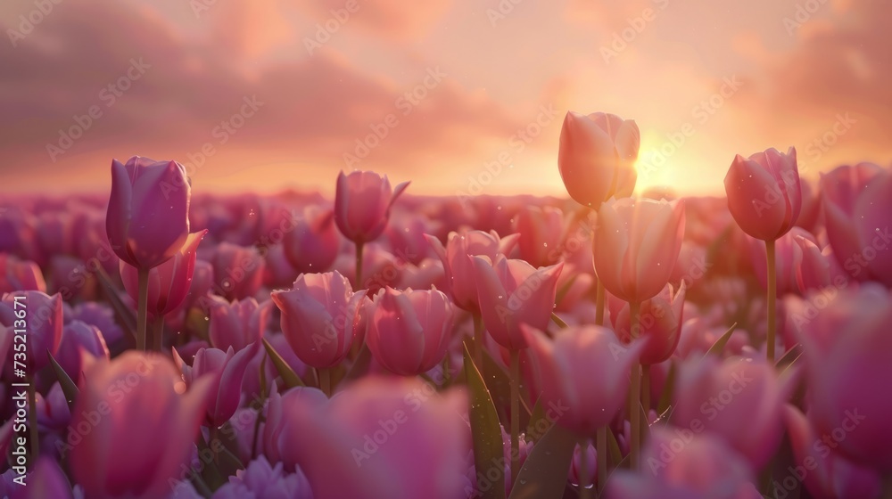 Field with blooming tulips at sunset. Concept of the tulip festival in the Netherlands.