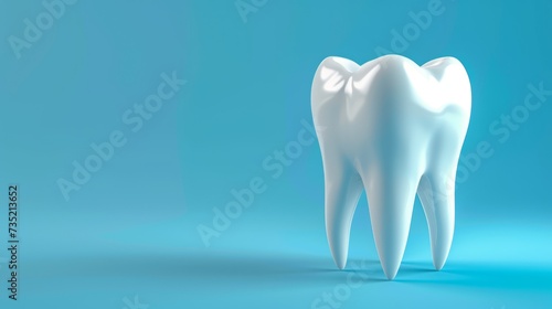 Illustration with a white 3d tooth on a blue background and with space for text can be used for dental clinics  oral hygiene advertising campaigns or dental care products.