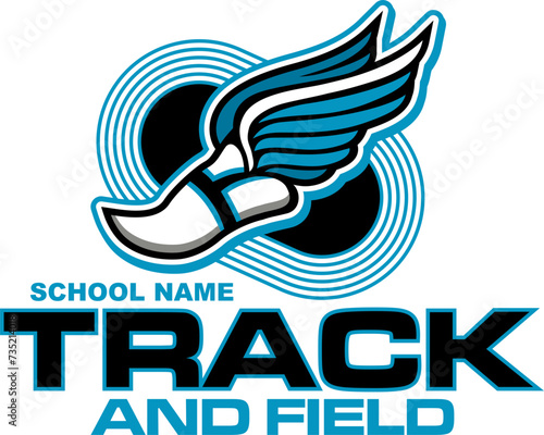 track and field team design with winged foot for school, college or league sports