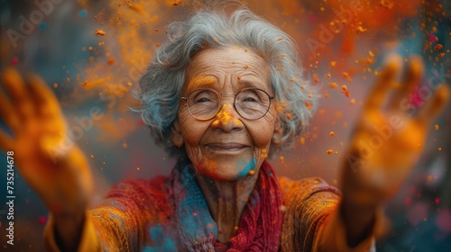 Portrait old woman with grey short hair surrounded by explosion of holi dust colors. Generative AI.